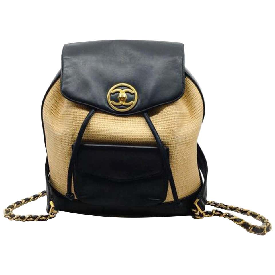 chanel leather backpack purse Chanel 90's Vintage Natural Rattan Black Beige Leather Backpack – House of Carver