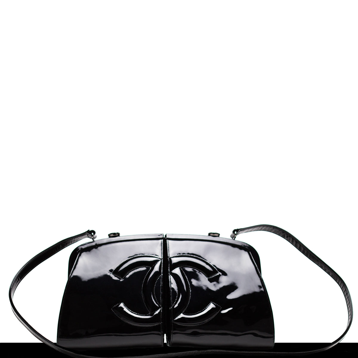 Chanel Double Split Frame Runway Black Patent Leather Cross Body Bag