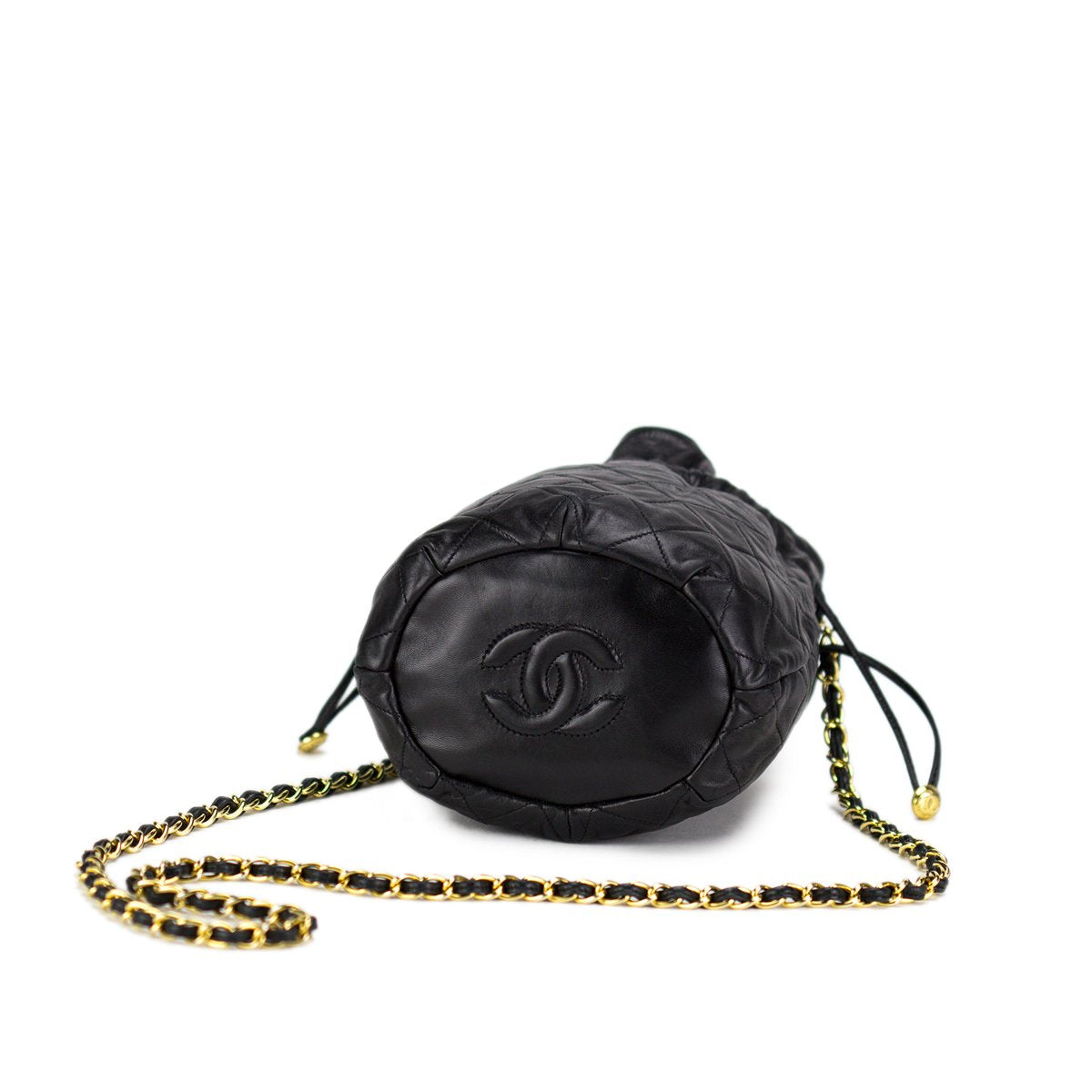 Chanel Black Quilted Lambskin Round Drawstring Bag Gold Hardware