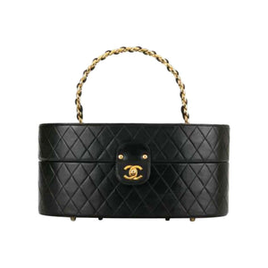 Chanel Vintage 1988 Vanity Quilted Train Case Navy Lambskin Leather Vanity