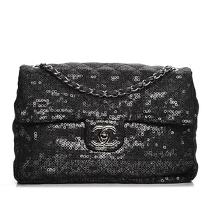 Chanel Jumbo Quilted Classic Flap Hidden Mesh Black Sequins Shoulder Bag