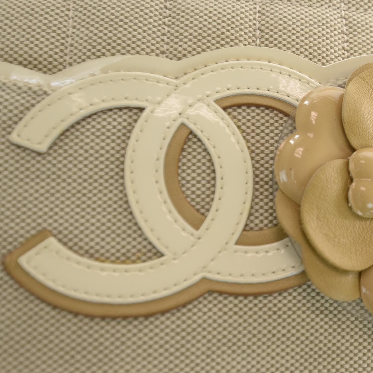 Chanel 2006 Vintage Beige Camelia Flower Canvas Satchel Shopping Tote Bag