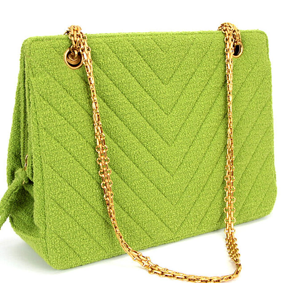 Chanel Chevron Tweed Lime Green Classic Reissue Tote Bag