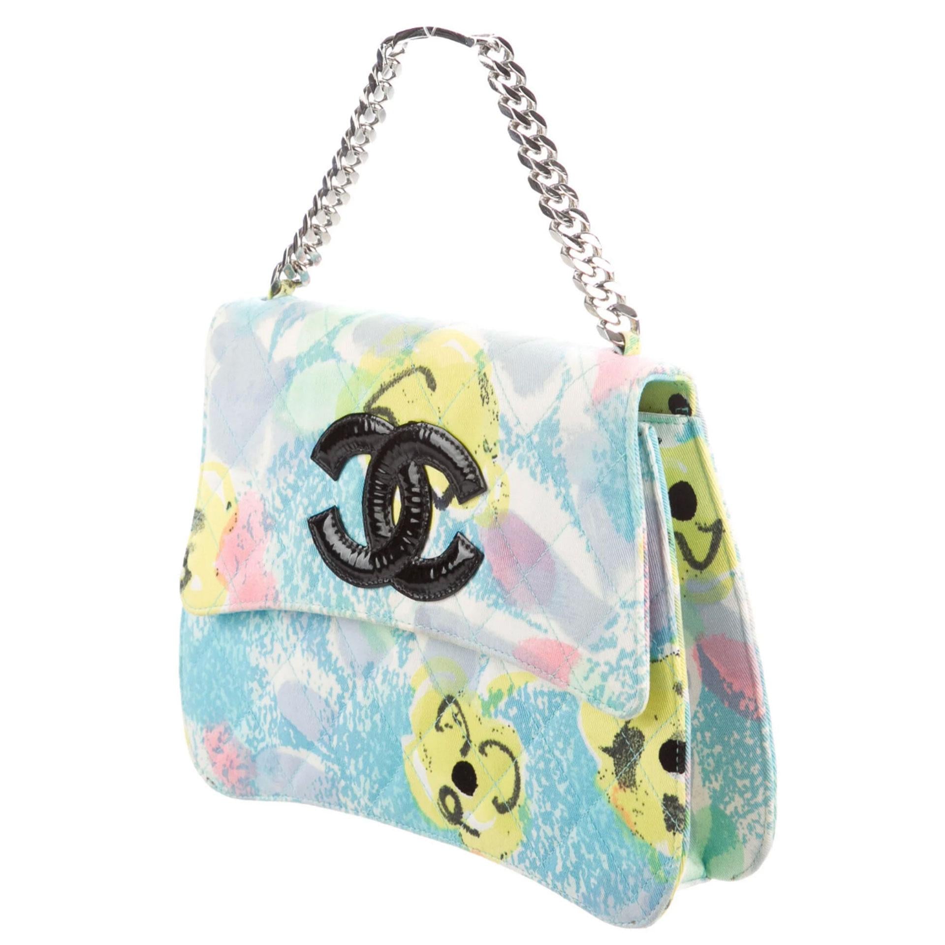 Chanel Rare Vintage 1997 Floral Turquoise Quilted Logo CC Classic Kelly Flap Bag