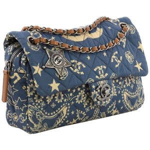 Chanel Paris-Dallas Bandana Medium Blue & Beige Quilted Classic Flap Canvas Bag