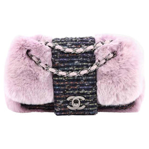 Chanel Classic Flap Vintage 2000s Pink & Grey Tweed and Fur Cross