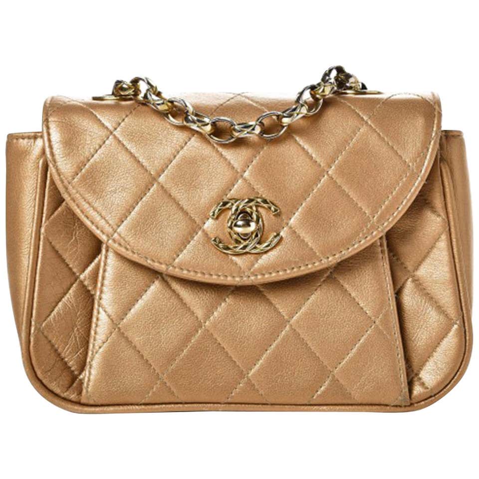 Chanel Vintage 90's Metallic Lambskin Mini Quilted Flap Gold Cross Body Bag