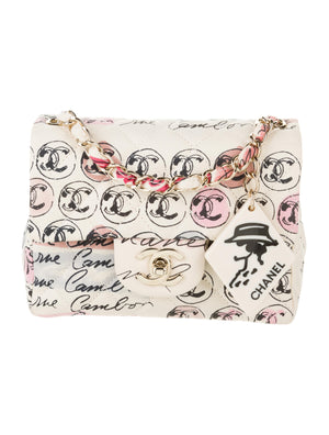 Chanel Vintage Graffiti Creme & Multicolor Mini Square CC Logo Print Canvas Flap Bag