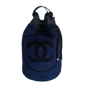 Chanel Dark Navy Blue Striped Beach Bag Drawstring Backpack – House of  Carver