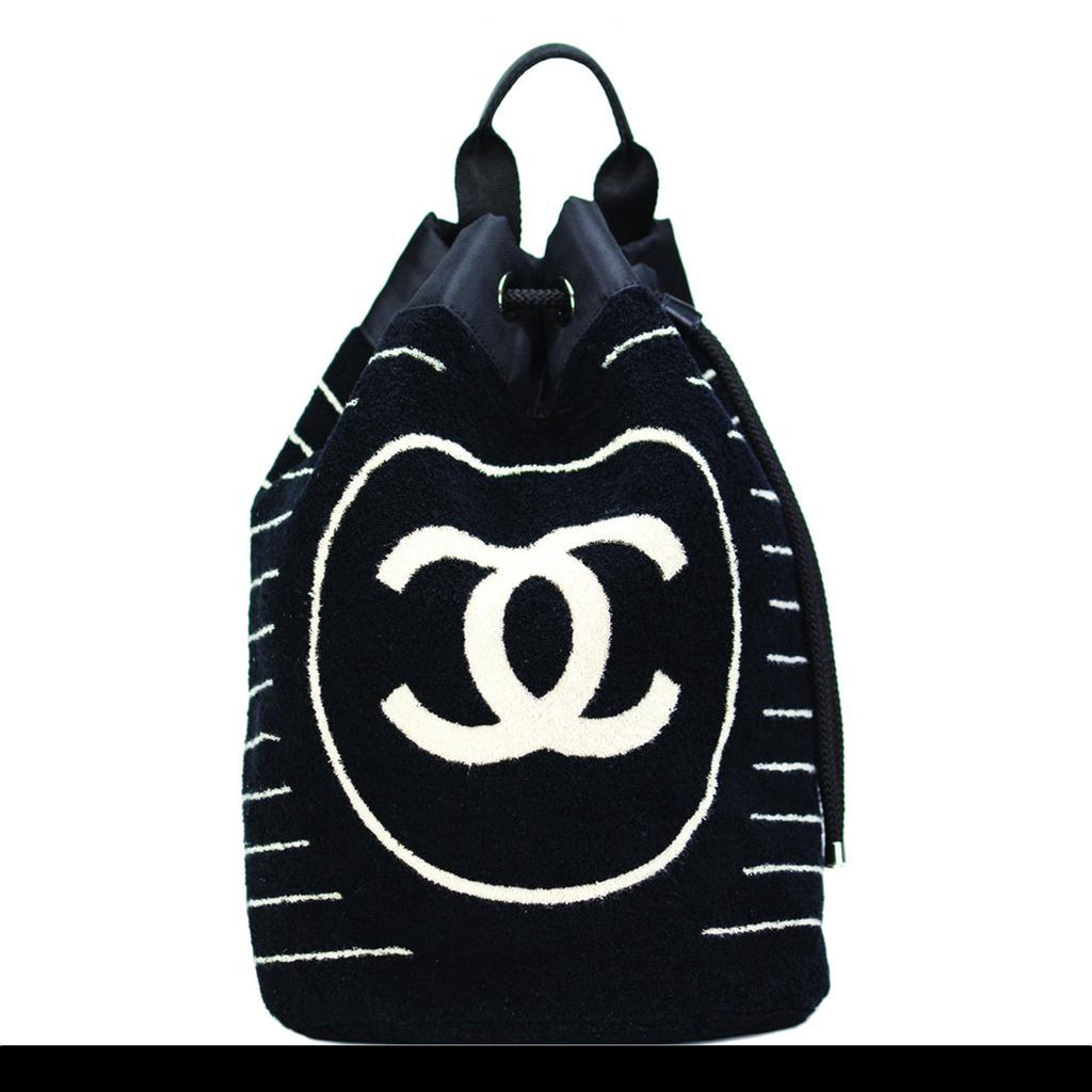 Chanel Dark Blue Striped Beach Bag Drawstring Backpack