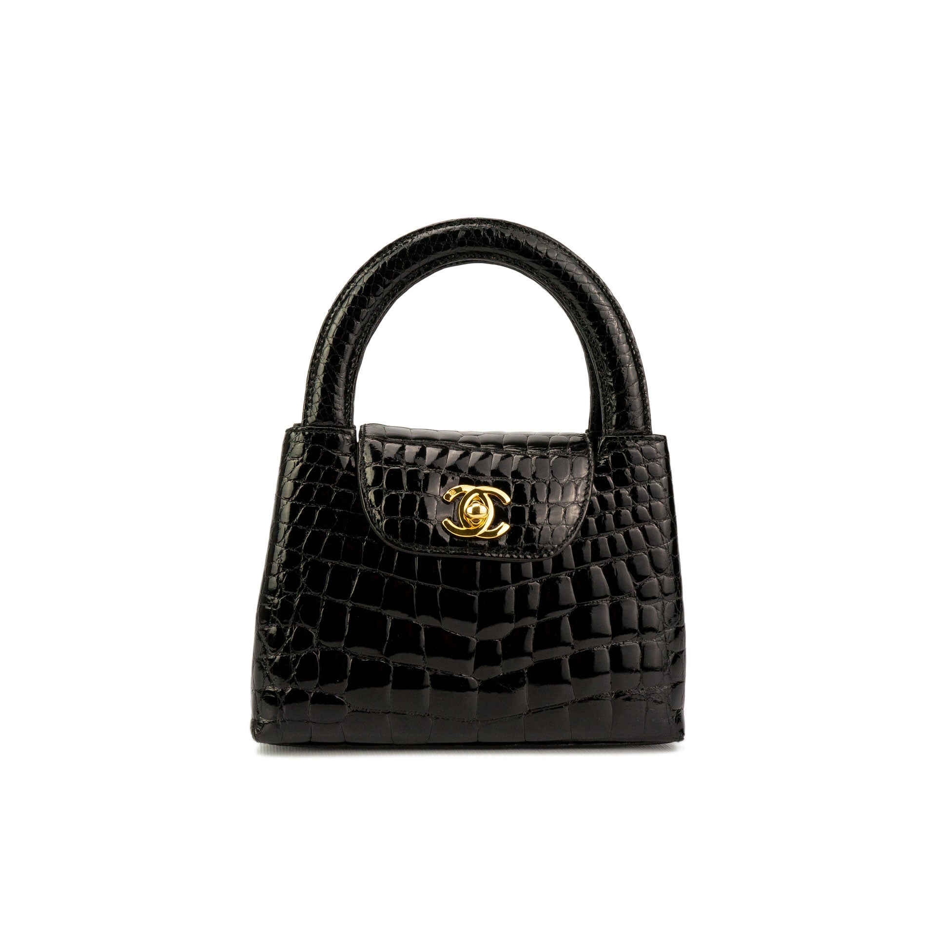 Chanel Black Shiny Alligator Mini Clutch with Light Gold Tone Hardware, Handbags and Accessories Online, 2019