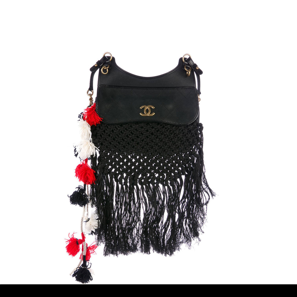 Chanel Limited Edition Black Large Crochet Nature Tweed Fringe Classic Tote Bag