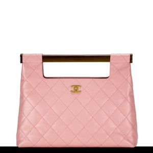 Chanel Baby Pink Caviar Quilted Clutch Wood Handle Tote