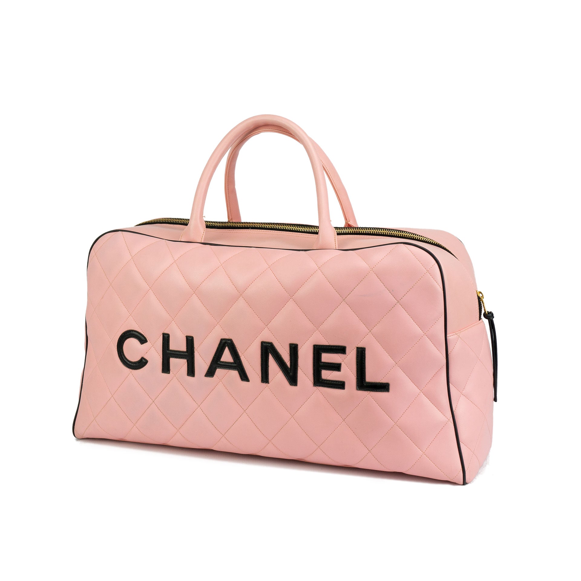 Chanel 1995 Vintage Pink XL Large Duffle Bowler Lettered Logo Bag –  Boutique Patina