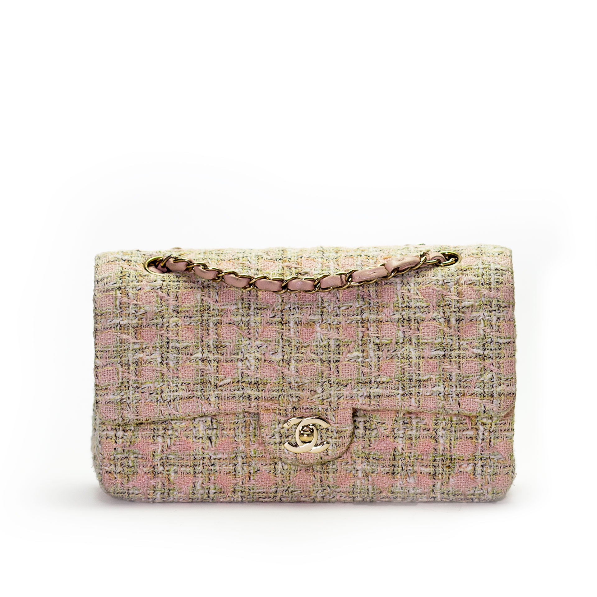 CHANEL Tweed Crystal Bead Flower Embellished Quilted Medium Double Flap Pink  1224389
