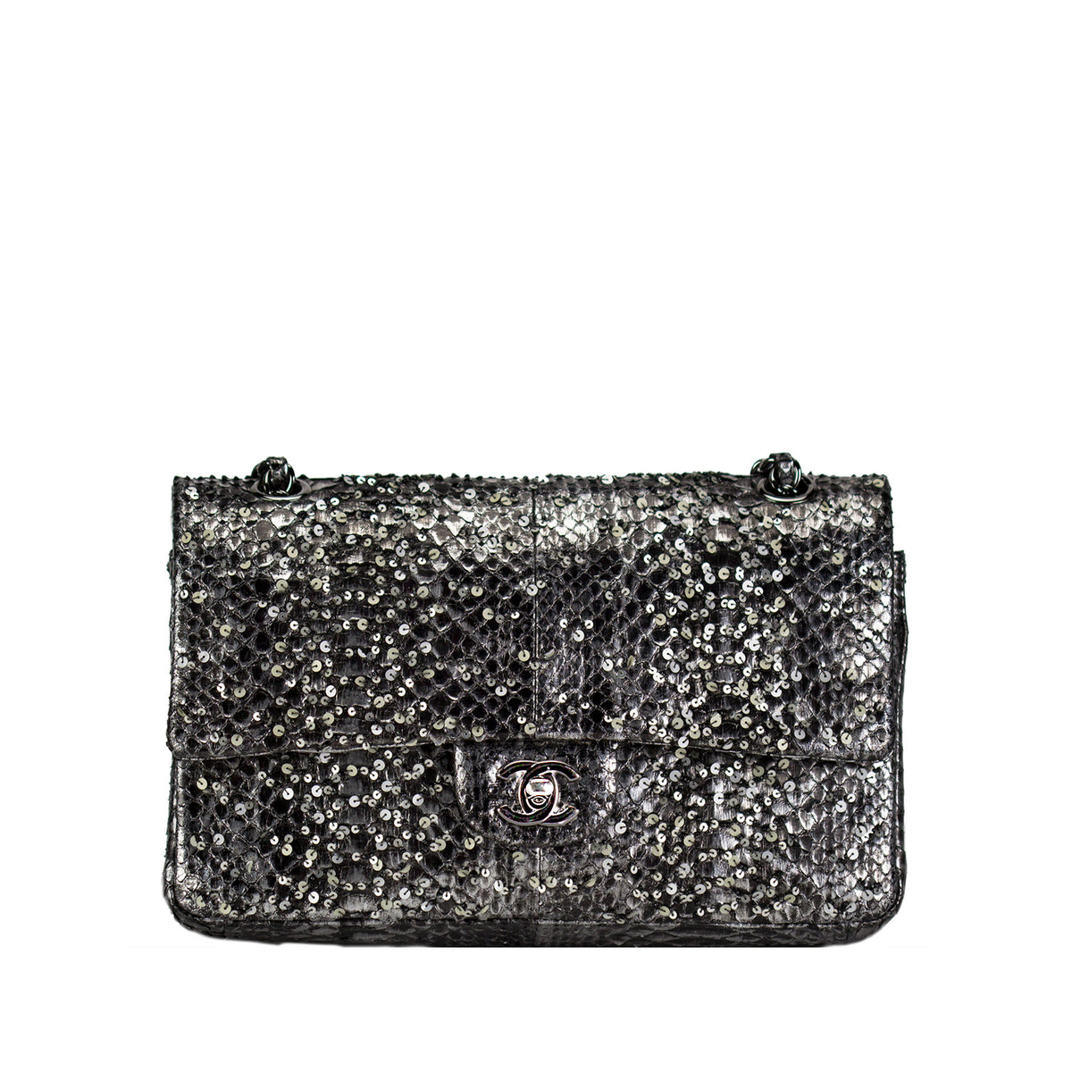 Chanel Charcoal Grey Sequin Python Medium Classic Double Flap – House of  Carver
