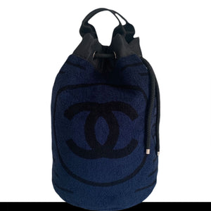 Chanel Dark Navy Blue Striped Beach Bag Drawstring Backpack