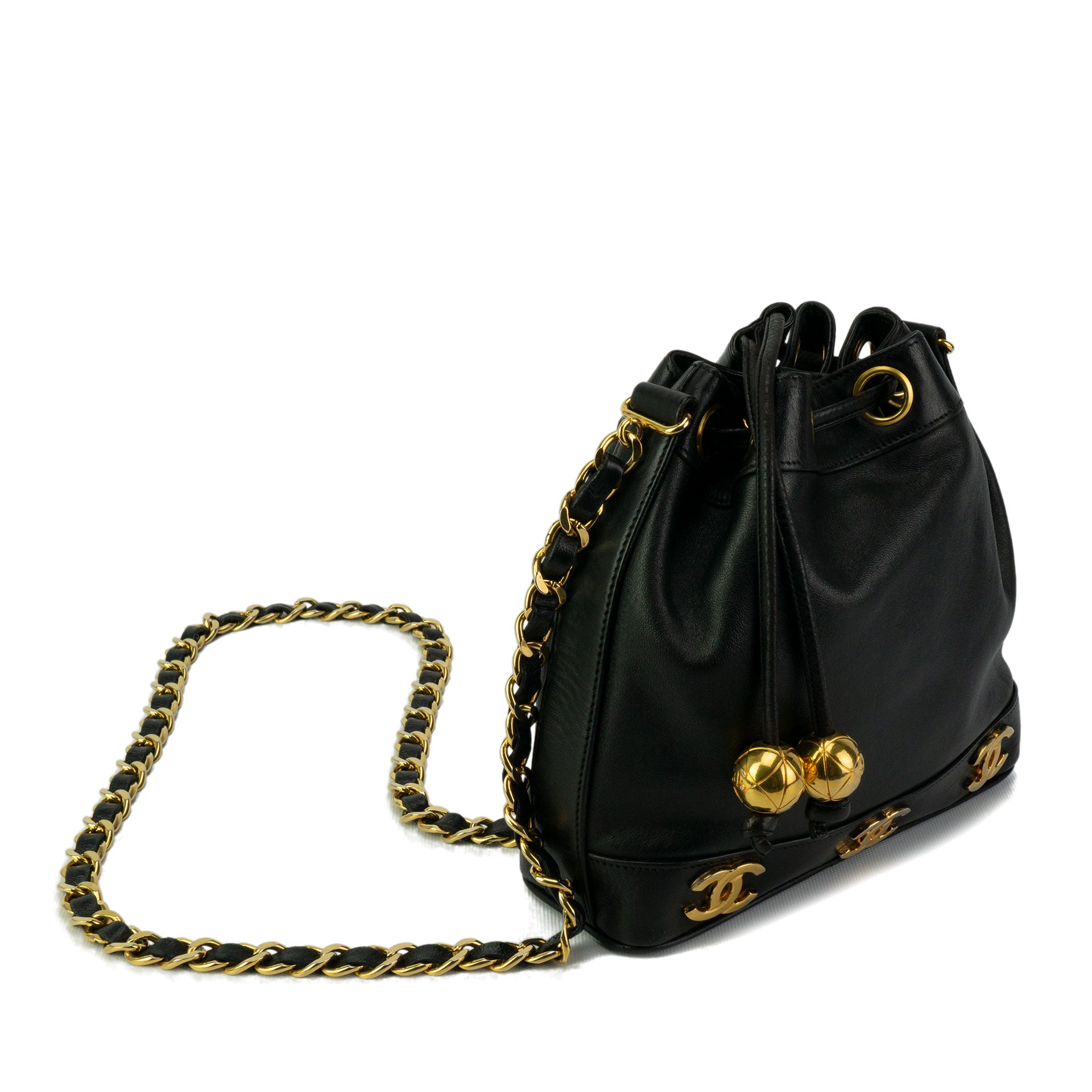 Chanel CC Tote Bag Black Lambskin Gold Chain Vintage 1990s 