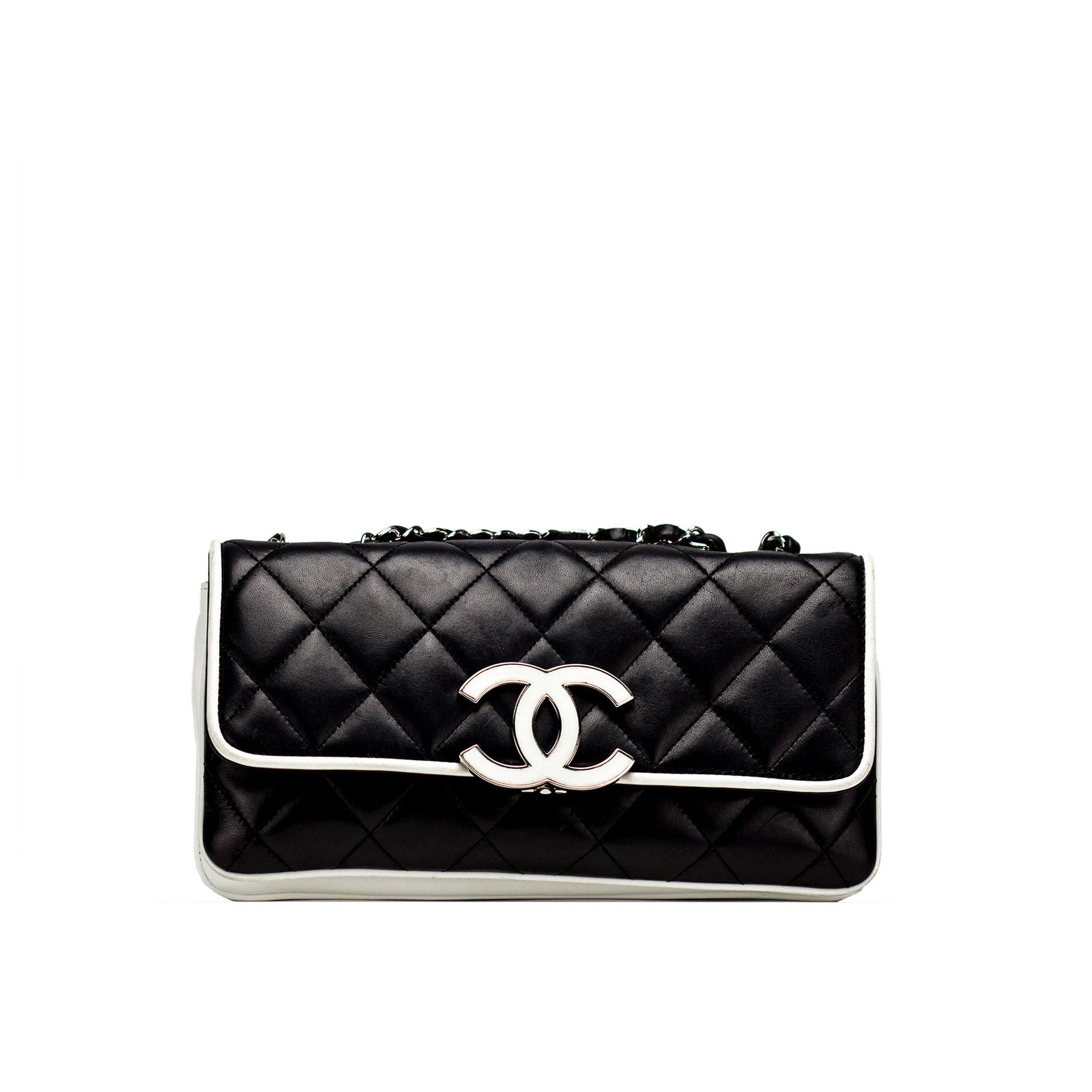 Chanel Black White Graphic CC Logo Medium Flap Bag Quilted Leather Gold  Chain