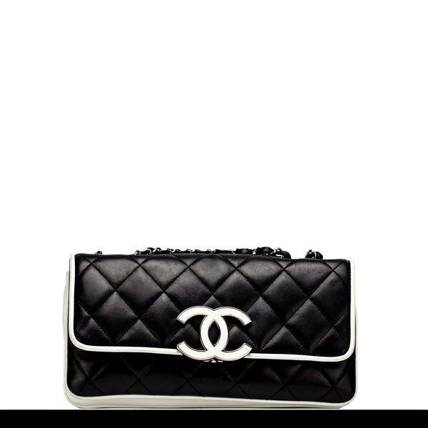 CHANEL Calfskin Quilted Graphic Flap Bag Black White