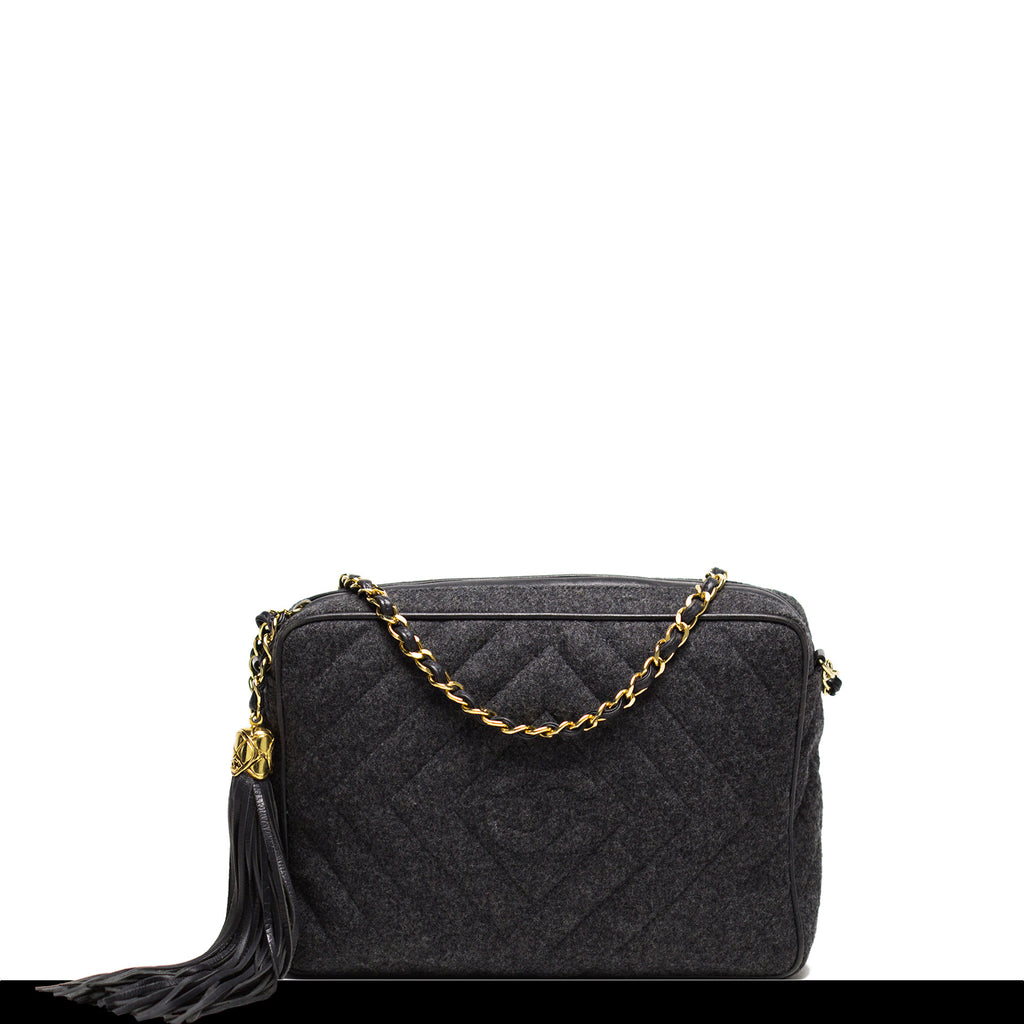 Chanel Grey Logo Quilted Wool Tassel Tote