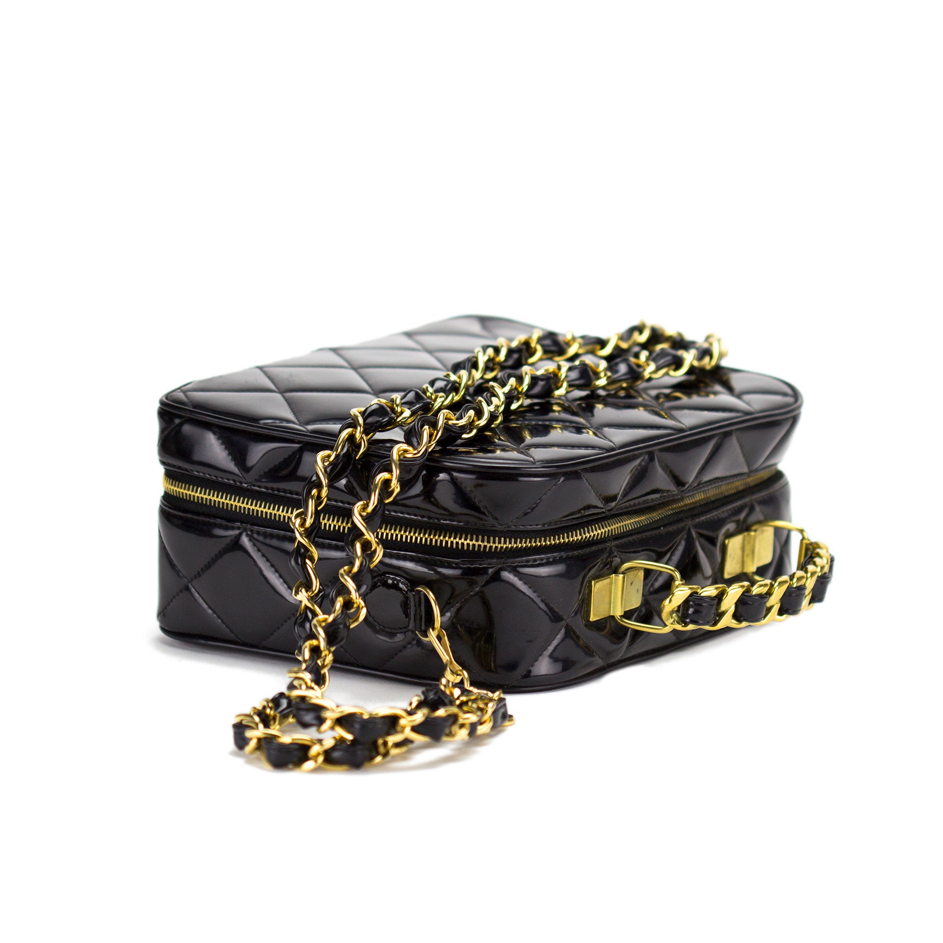 1990's Vintage Chanel Iconic Black Patent Hard Case Bag at 1stDibs