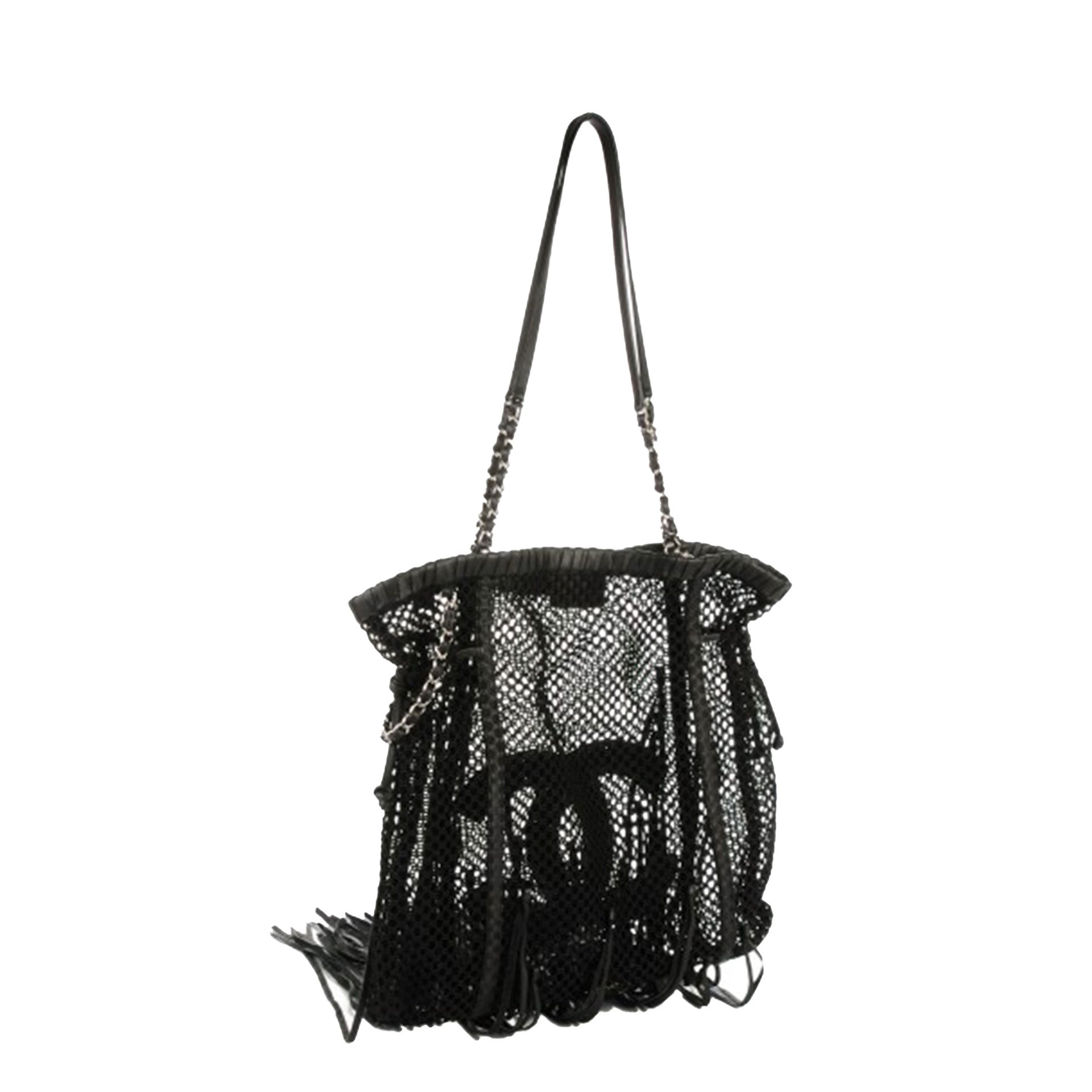 Chanel Black Quilted Fabric Deauville Fringed Tote - Ann's