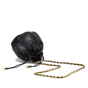 CHANEL Calfskin Quilted Mini Drawstring Bucket Bag Black 1129796