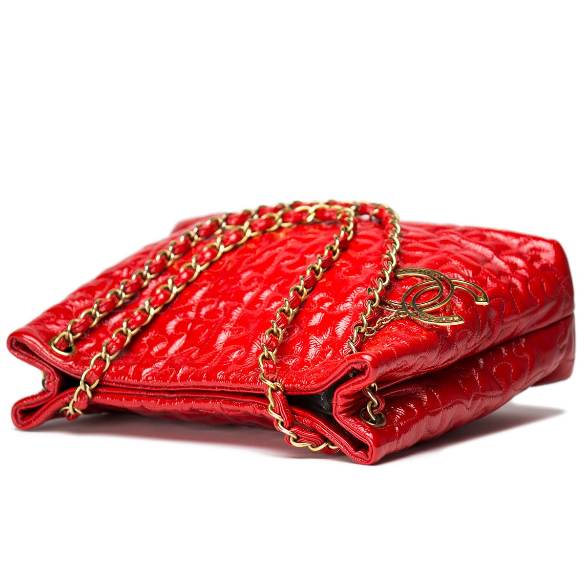 CHANEL Patent Quilted Small Just Mademoiselle Bowling Bag Red 364976