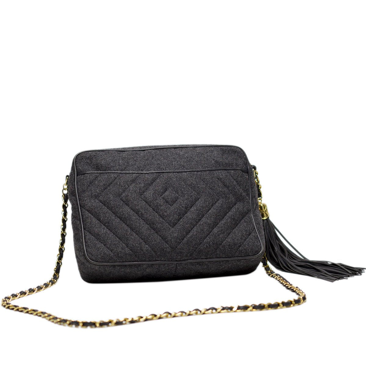 Chanel Grey Logo Quilted Wool Tassel Tote