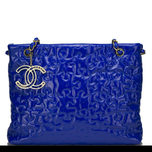 Chanel Blue Patent Puzzle Medium Tote Bag