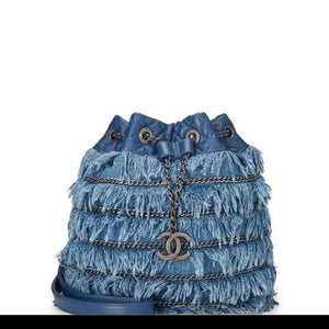 Chanel Drawstring Bucket Cruise 2015 Tweed Fringe & Lambskin Mini Blue Denim Shoulder Bag