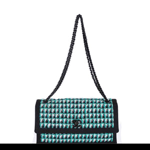 Chanel Classic Flap Timeless Black Green & White Tweed Cross Body Bag