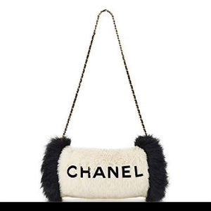 Chanel Logos Hand Warmer with Chain Strap Muff White Faux Fur Cross Body Bag