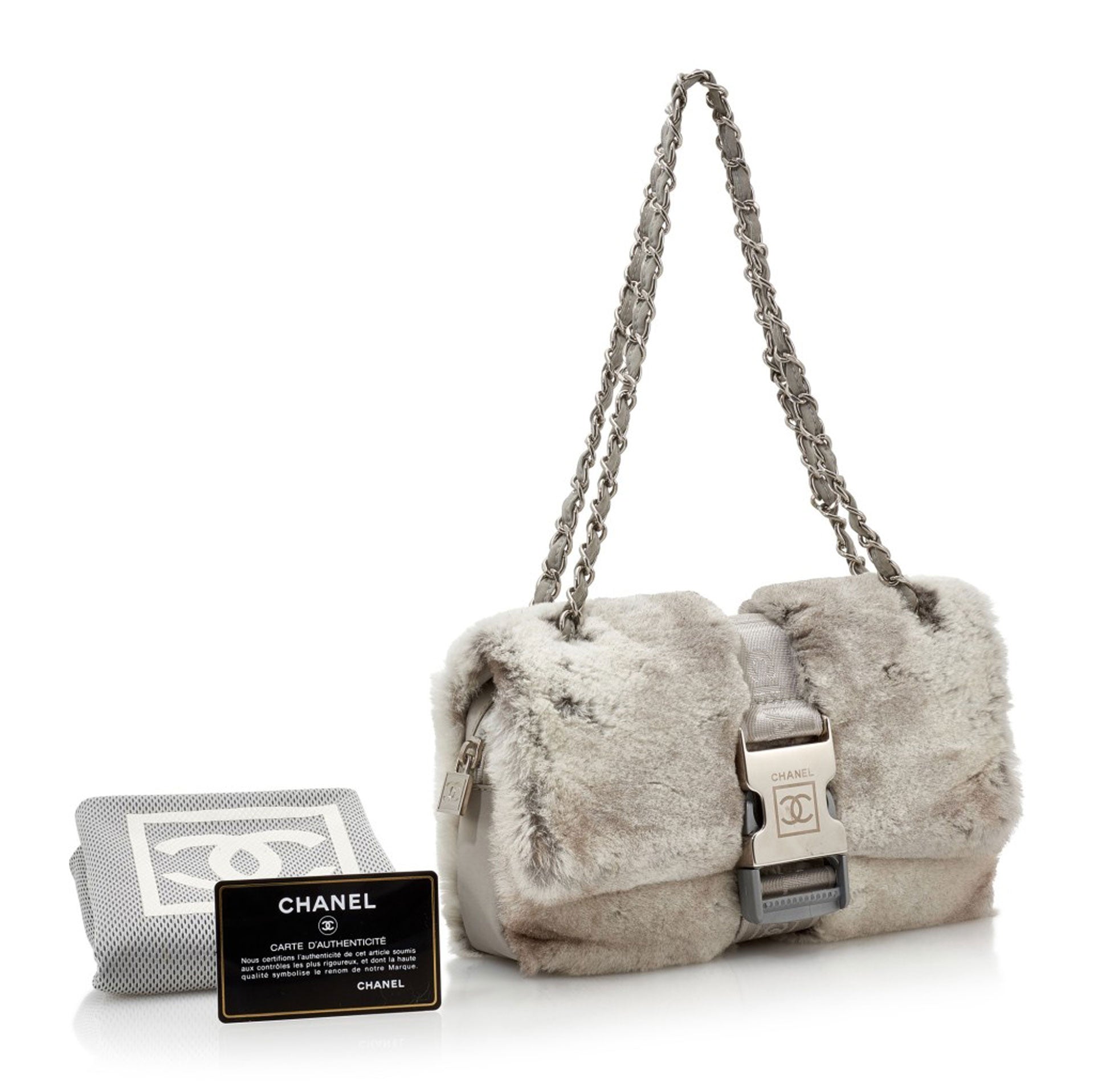 Chanel Vintage Grey Fur Sport Belt Lock Shoulder Bag