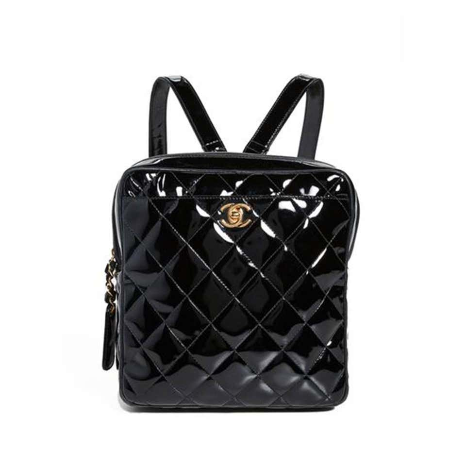 Chanel Vintage 90s Black Patent Leather Timeless CC Vanity Case Bag