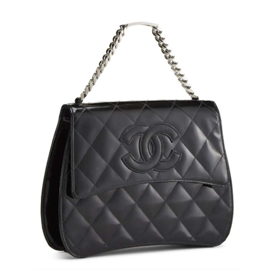 Chanel Vintage 1997 Name Plate Black Patent Leather Top Handle Bag