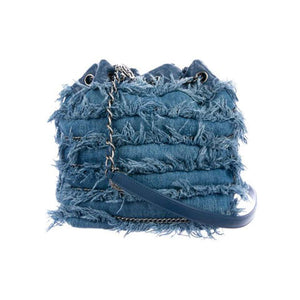 Chanel Drawstring Bucket Cruise 2015 Tweed Fringe & Lambskin Mini Blue Denim Shoulder Bag