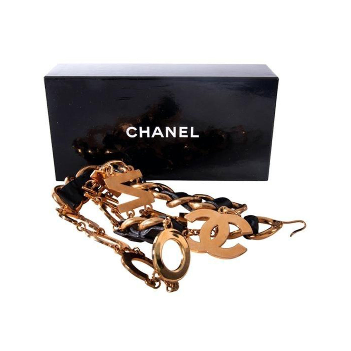 Chanel Black Leather and Gold Chain Medallion Belt Necklace