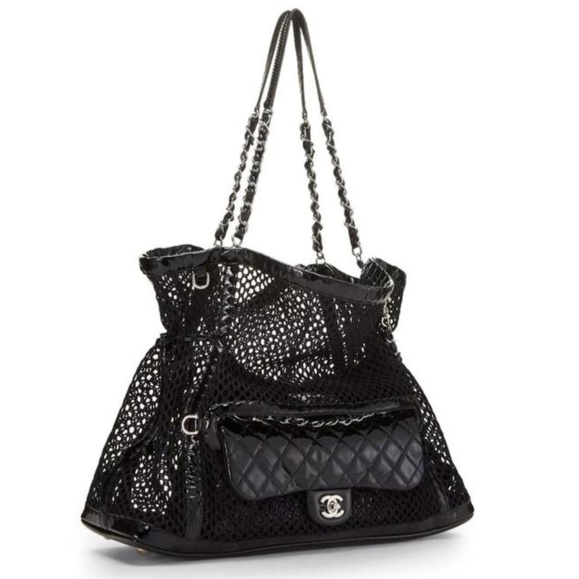 Chanel Shopping Classic Flap Cruise Mesh Woven Crochet 2 in 1 Black Patent Leather and Nylon Tote