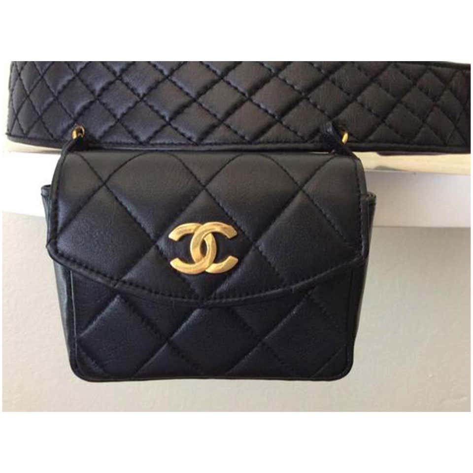 Rare Chanel Vintage Black Lambskin Quilted Fanny Pack Waist Belt Bum Bag