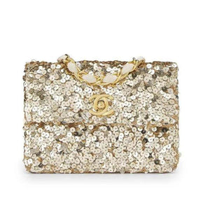 Chanel Classic Flap Rare Micro Mini Vintage Gold Sequin & Microfiber Crossbody Bag