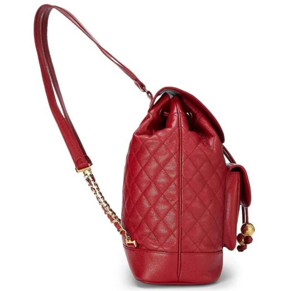 chanel red quilted caviar leather backpack bag Chanel Rare Maxi Jumbo Quilted Vintage 90s Red Caviar Leather Backpack – House of Carver