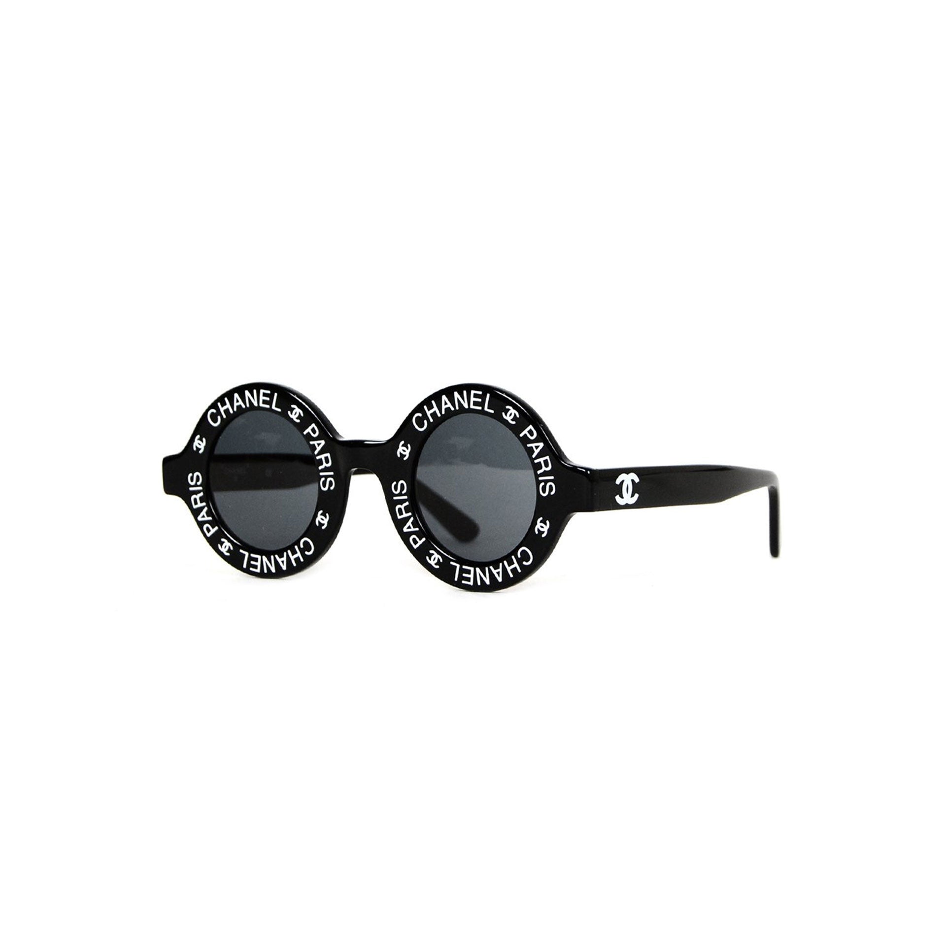 Vintage CHANEL black round frame mod sunglasses with white CHANEL PARIS  print For Sale at 1stDibs