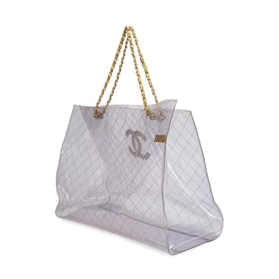 Chanel Rare Vintage 1990s XXXL Oversized See Through Naked Gold Accent PVC Tote