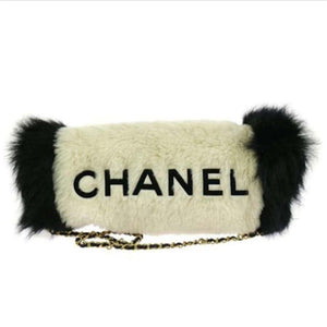 Chanel Logos Hand Warmer with Chain Strap Muff White Faux Fur Cross Body Bag