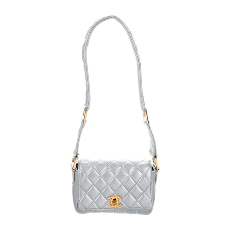 Chanel Classic Flap Rare Quilted Micro Mini Silver Metallic Lambskin Leather Bag