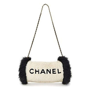 Chanel Logos Hand Warmer with Chain Strap Muff White Faux Fur