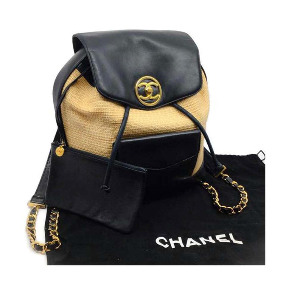 Chanel 90's Vintage Natural Rattan Black Beige Leather Backpack