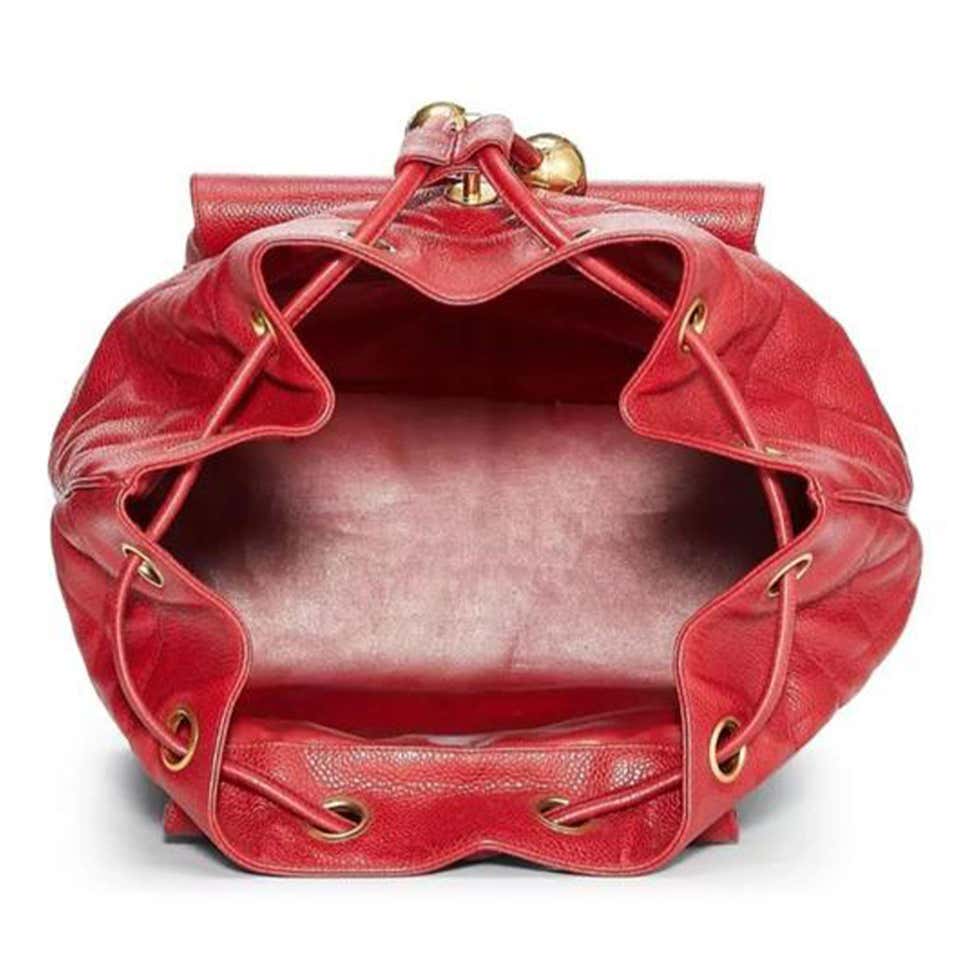 chanel red quilted caviar leather backpack bag Chanel Rare Maxi Jumbo Quilted Vintage 90s Red Caviar Leather Backpack – House of Carver